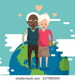 interracial grandparents couple lovers with world planet vector illustration