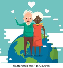 interracial grandparents couple lovers with world planet vector illustration