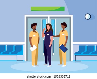 interracial group medicine workers in elevator door vector illustration design