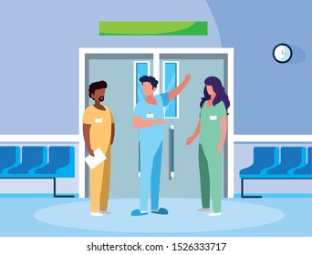 interracial group medicine workers in elevator door vector illustration design