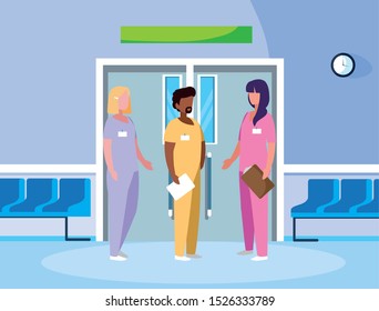 interracial group medicine workers in elevator door vector illustration design