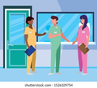 interracial group medicine workers in hospital reception vector illustration design