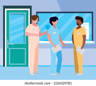 interracial group medicine workers in hospital reception vector illustration design