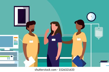 interracial group medicine workers in operating theater vector illustration design
