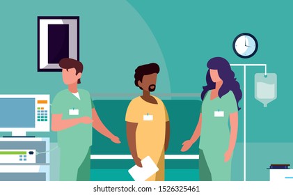 interracial group medicine workers in operating theater vector illustration design