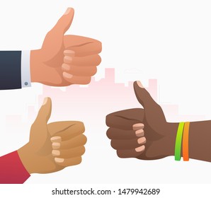 Interracial group of men showing like gesture. Arms, thumb up, super. Feedback concept. Vector illustration for topics like positive review, success, teamwork