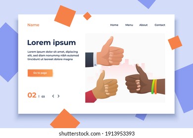 Interracial group of men showing like gesture. Arms, thumb up, super. Feedback concept. Vector illustration for topics like positive review, success, teamwork