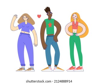 Interracial group of people. Man and two women in sport wear. Biracial friends. Boyfriend and girlfriend. unrequited love. Flat vector illustration isolated on white background
