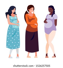 interracial group of pregnancy women characters vector illustration design