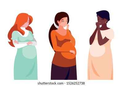 interracial group of pregnancy women in heart vector illustration design