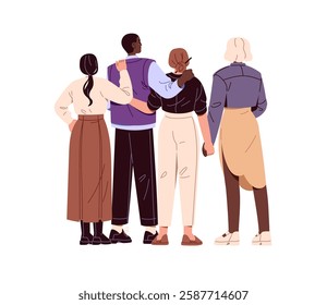 Interracial group stands, support back view. Happy friends hug, hold hands together behind. Diverse people embrace, cuddle. International friendship concept. Flat isolated vector illustration on white