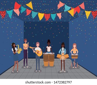 interracial group of women playing instruments characters