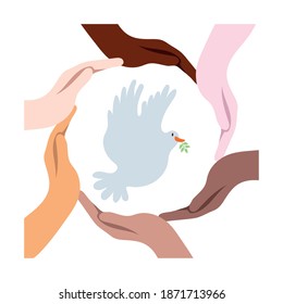 interracial hands around dove bird flying vector illustration design