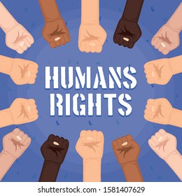 interracial hands fist with humans rights lettering vector illustration design