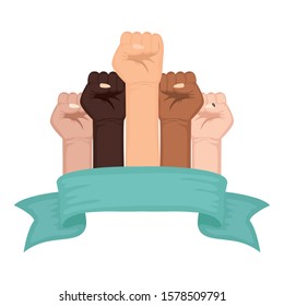 interracial hands fist with ribbon frame vector illustration design