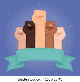 interracial hands fist with ribbon frame vector illustration design