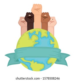 interracial hands fist with world planet earth vector illustration design