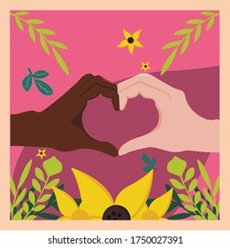 Interracial hands in heart shape and made love sign to show anti racism