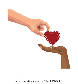 interracial hands human with heart vector illustration design