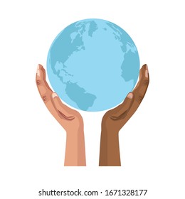 interracial hands human lifting the planet earth vector illustration design