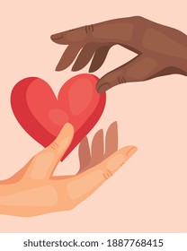 interracial hands humans holding heart love icon vector illustration design