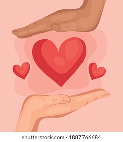 interracial hands humans holding hearts love icon vector illustration design