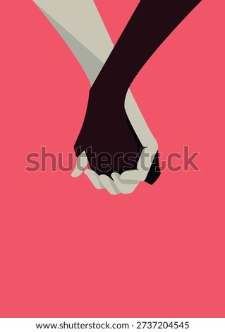 Interracial hands joining together, symbolizing love, diversity, and partnership against a vibrant pink background