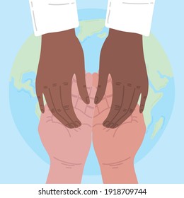 interracial hands persons unity with earth planet vector illustration design