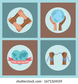 interracial hands with planet and handcuffs stop racism campaign vector illustration design