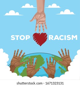 interrassische Hände mit dem Weltplanet stoppen Rassismus Kampagne Vektorillustration Design