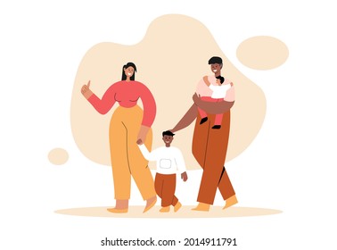 Interracial happy couple with kid. Young parents walk with their sons and express love and care. Wife and Husband together. The concept of family, love and parenthood. Vector illustration. Flat style.