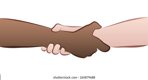 Interracial Helping, Rescuing, Firm Handshake Grip. Isolated Vector Illustration On White Background.