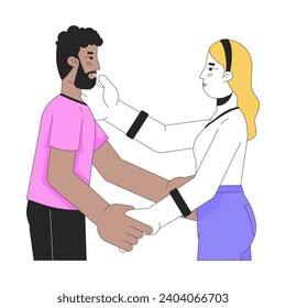 Interracial heterosexual lovers embrace 2D linear cartoon characters. Affectionate sweethearts isolated line vector people white background. Intimate bonding relationship color flat spot illustration