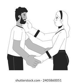 Interracial heterosexual lovers embrace black and white 2D line cartoon characters. Affectionate sweethearts isolated vector outline people. Intimate bonding monochromatic flat spot illustration