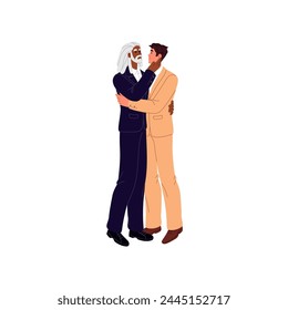 Interracial homosexual couple wedding. Gays in bridal suits on marriage ceremony. Newlywed men hug to kiss. LGBT relationship, family bonding. Flat isolated vector illustration on white background