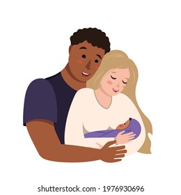 Interracial international family. The husband hugs his wife with the baby in her arms. The multiethnic mom and dad are happy and smiling. The family cares and loves the newborn. Vector illustration