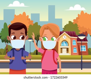 pareja de niños interraciales usando máscaras faciales para covid19 en el diseño de ilustración de vector de la ciudad