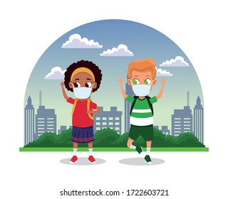 interracial kids couple using face masks for covid19 on the city vector illustration design
