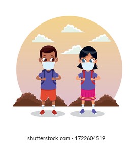 interracial kids couple using face masks for covid19 in the park vector illustration design