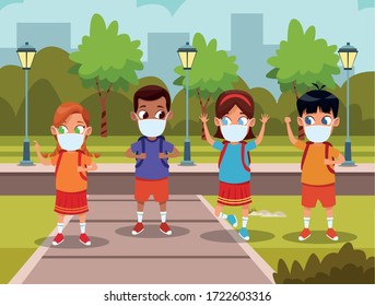 interracial kids using face masks for covid19 in the park vector illustration design