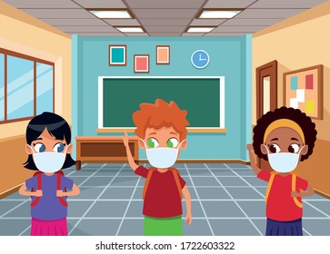 interracial kids using face masks for covid19 in the classroom vector illustration design