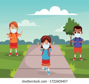 niños interraciales usando máscaras faciales para covid19 en el diseño de ilustración de vector del parque