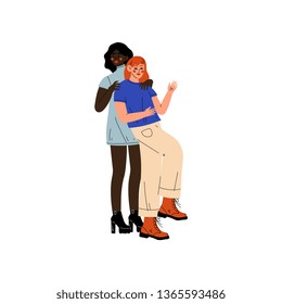 Interracial Lesbian Couple, Two Happy Women Hugging, Romantic Homosexual Relationship Vector Illustration