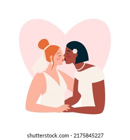 Interracial lesbian marriage. Two happy women kiss in white wedding dresses. Homosexual sweetheart couple together. Vector illustration.