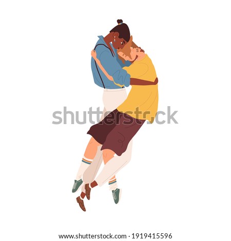 Interracial LGBT couple of young men hugging. Intimacy between gays or homosexual romantic partners. Enamored modern guys. Colored flat vector illustration isolated on white background