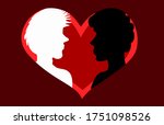 Interracial love, white and black couple wrapped in a heart, vector illustration.