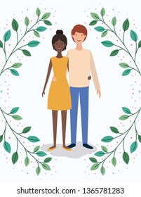 interracial lovers couple with leafs crown characters