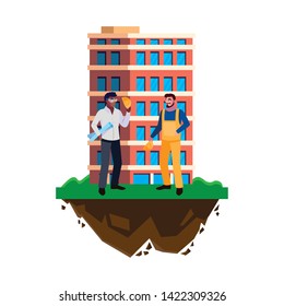 interracial male builders constructors with building