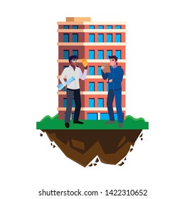 interracial male builders constructors with building