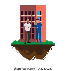 interracial male builders constructors with building